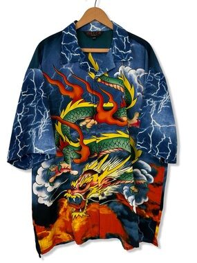 Vintage Y2K Mecca Blue Dragon Print Short-Sleeve Button Up Shirt